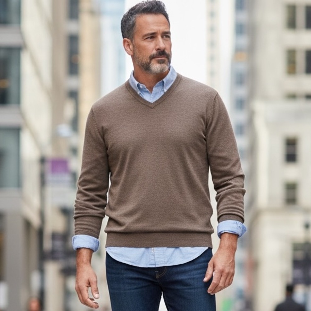 Magaschoni Tan Taupe V-neck Wool Sweater Men's Size Medium Tall